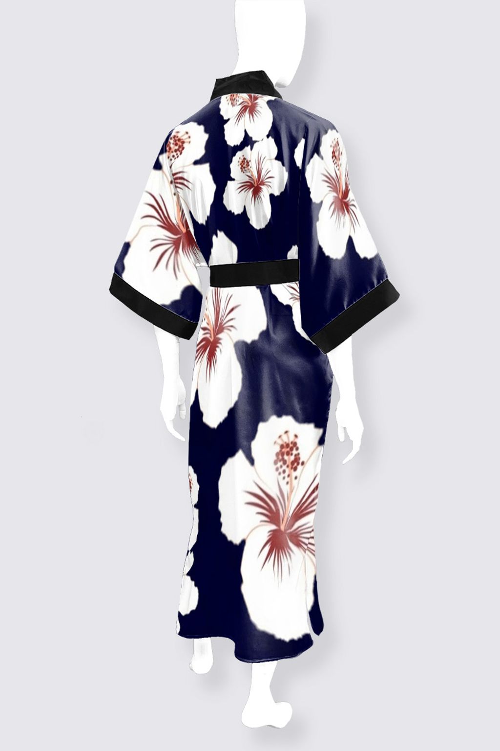 Picture of Navy & White Hibiscus Phoenix Long Satin Kimono