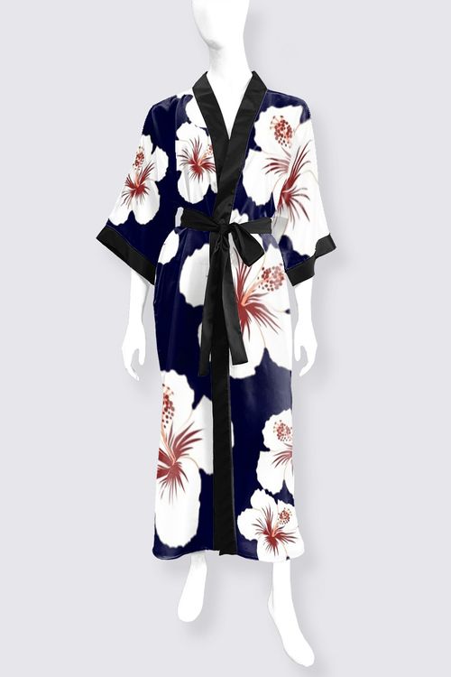 Picture of Navy & White Hibiscus Phoenix Long Satin Kimono